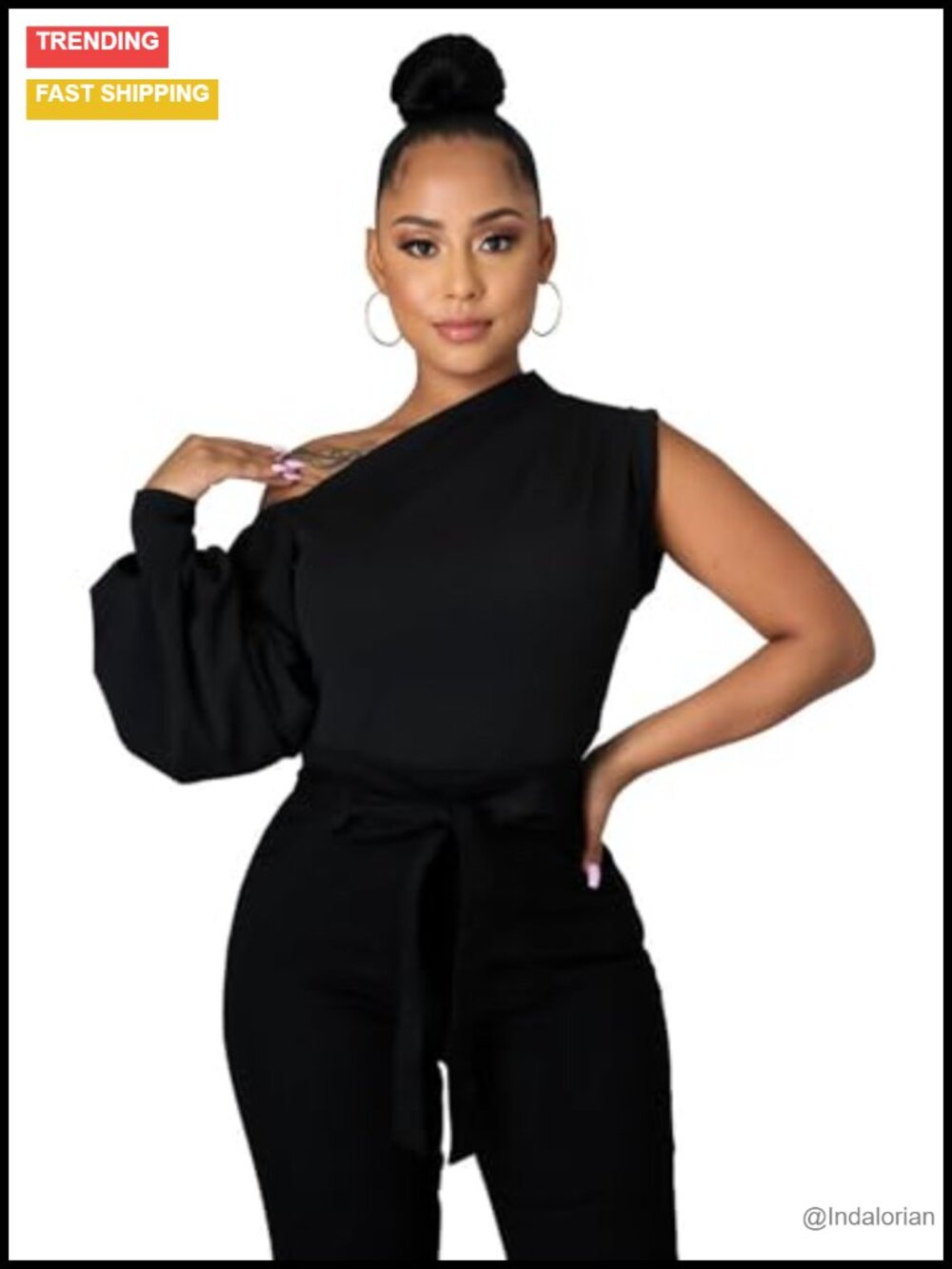 Women One Shoulder Puff Sleeve Ruffle Asymmetrical Blouse
